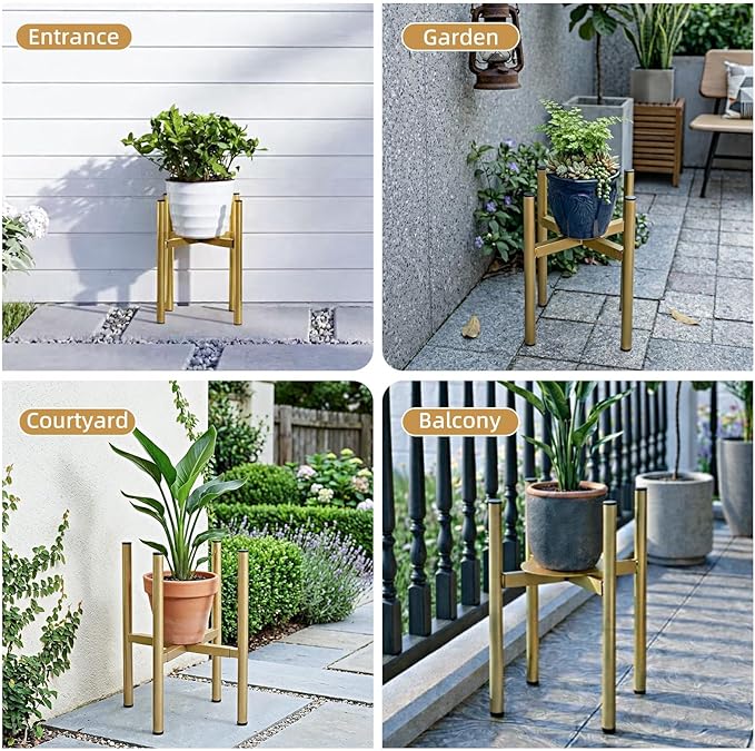 Adjustable Metal Plant Stand Indoor, Mid Century Modern Outdoor Planter Holder for 8 to 14 Inch Pots, Heavy Duty 160 LB Load, Corner Floor Stand for Home Garden Decor Golden 2 Pack