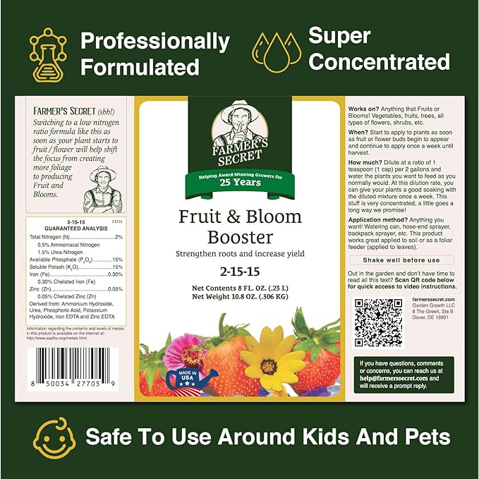 Farmer’s Secret Fruit & Bloom Booster Fertilizer (8oz) - Super Concentrated - Boosts Flowering and Yield on All Varieties of Fruits, Vegetables and Flowers