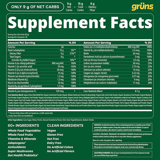 Gruns Adult Super Greens Multivitamin Gummies, Superfood Gummy Vitamins for Women and Men with Spirulina, Chlorella, Adaptogens & Prebiotic Fiber for Digestive Health (28 Count)