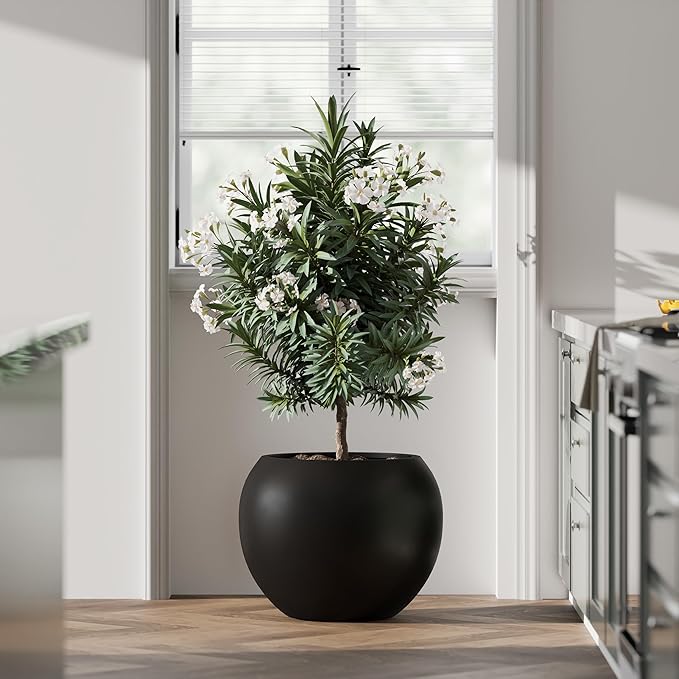 DTY Mount Sherman 16.1'' D x 13.6'' H (Pot Opening 11.8") Fiberstone Round Planter with Drainage Hole, Smooth Finishes, Weather Resistant for Indoor and Outdoor, 2 Extra Coco Mats - Black, Medium