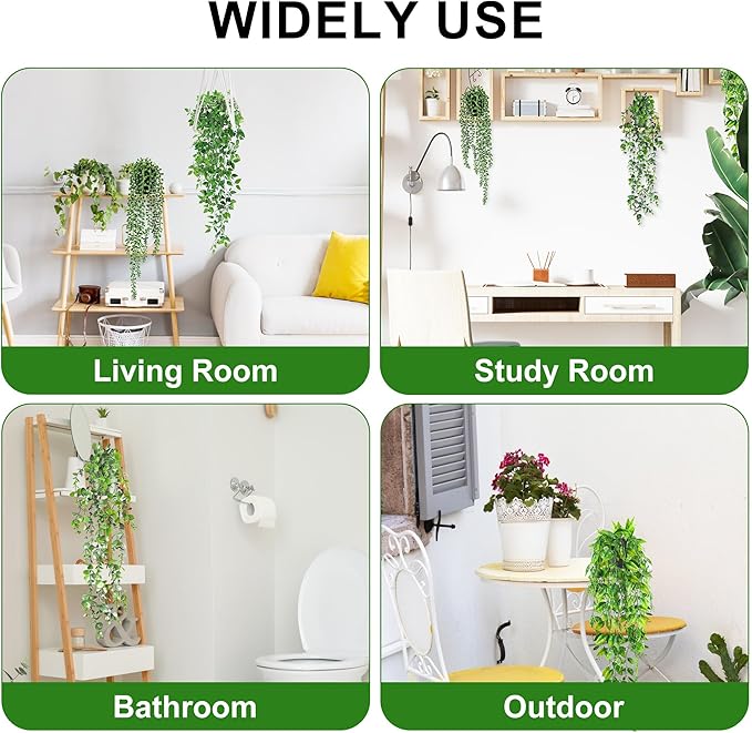 USLAI Artificial Hanging Plants Vine, Fake Potted Greenery Faux Eucalyptus, Mandala, String of Pearls, Pea Pod Leaves in Pot for Office Living Room Bathroom Indoor Outdoor Décor (4 Pack)