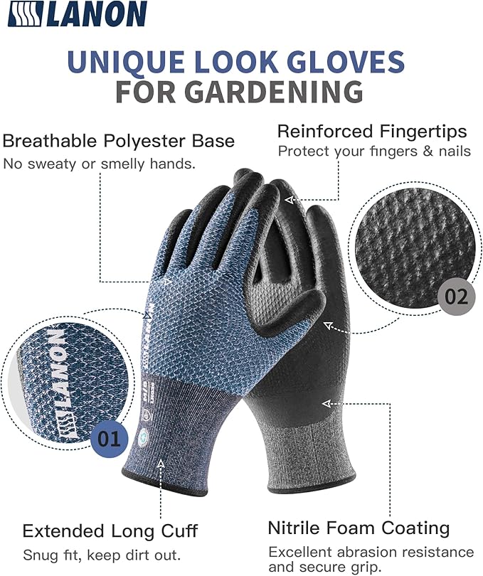 LANON Protection Gardening Gloves for Men Women, 2 Pairs Nitrile Coated Garden Gloves with Grip, Breathable B.COMB AIR Technique, Dusty Olive & Bluebird, Small