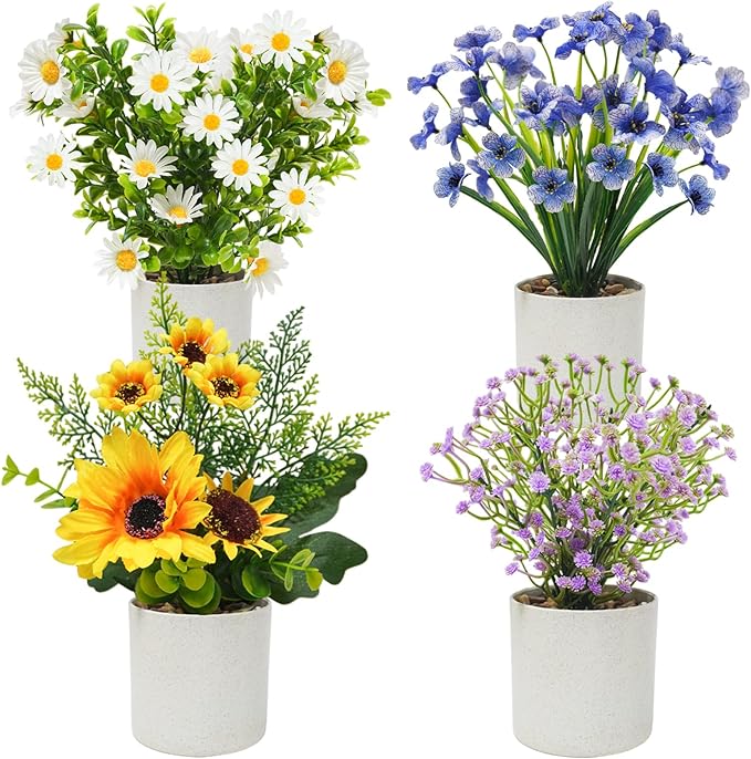 4 Packs Fake Plants Small Artificial Potted Flowers Mini Faux Plants for House Office Bathroom Farmhouse Tabletop Decor