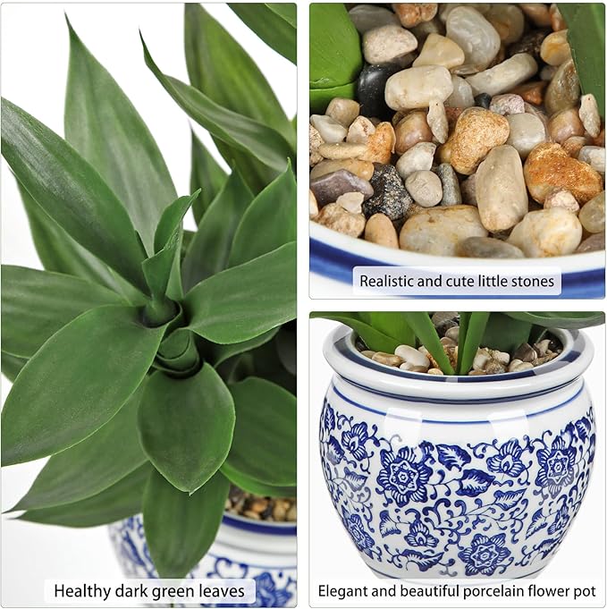 Artificial Potted Plants Indoor Home Decor 12.5" Tall Fake Lucky Bamboo Plant in Blue and White Ceramic Pot Faux Potted Plants Indoor Houseplant for Home Tabletop, Office Desk, Shelf, Zen Room