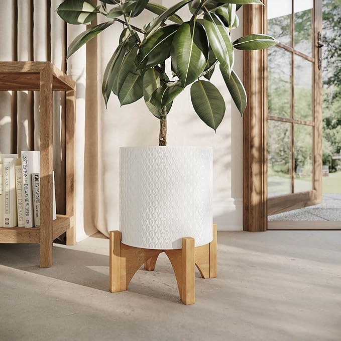 EverNest Claire Boho Modern White Planter with Arch Wood Stand, Indoor Mid-Century Plant Pot, SelectBase, Minimalist Planter Stand Home Décor (Medium, 2 Gallon)