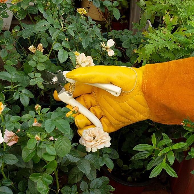 Thorn Proof Gardening Gloves for Men & Women, Long Cowhide Leather Rose Pruning Gloves with Forearm Protection, Puncture Resistant Gauntlets for Cacti, Blackberries & Yard Work(Butter Yellow,Small)
