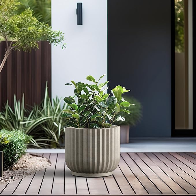 Kante Round Fulted Planter, 14 Inch Dia Large Concrete Plant Pots with Drainage Hole and Rubber Plug, Modern Decor for Indoor Outdoor Plants, Flower, Weathered Concrete