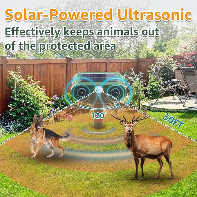 Solar Ultrasonic Animal Repellent Outdoor with Motion Sensor Strobe Light Deer Repellent Devices for Squirrel Rats Snakes Rabbit 25KHZ Silent Deterrent Dual Mode Yard Garden Lawn Pest Control 1pack