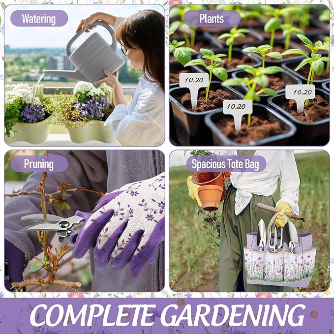 21 Piece Gardening Gifts for Women Heavy-Duty Gardening Tools Set for Wife Grandma Garden Kit Hand Tools with Purple Floral Tote Bag Water Can Gloves Garden Accessories Supplies Items