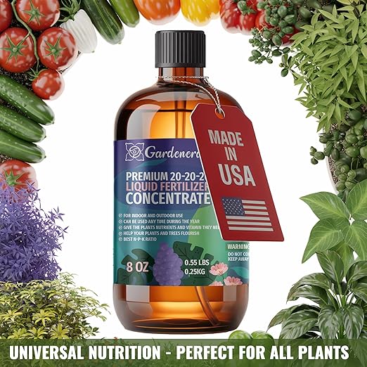 Gardenera Premium All-Purpose 20-20-20 Liquid Fertlizer - 𝐂𝐎𝐍𝐂𝐄𝐍𝐓𝐑𝐀𝐓𝐄 - Increases Flowering and Yield on All Varieties of Fruits, Vegetables and Flowers| Liquid Plant Superfood (32 OZ)