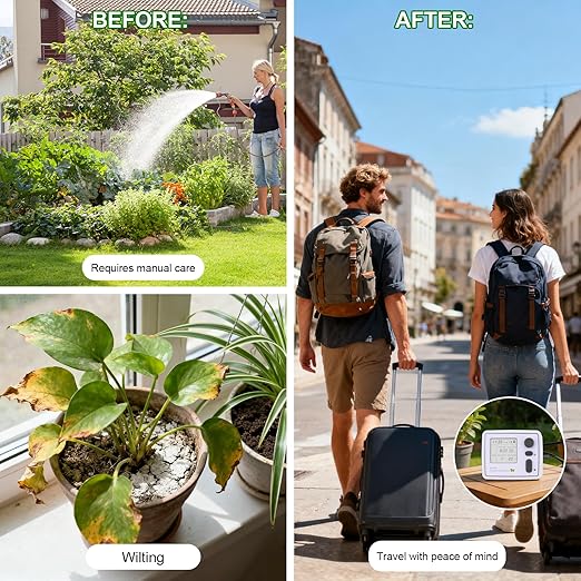 BZONE Dual Channel Automatic Watering System, Timer Drip Irrigation Kit for 20 Potted Plants, with Adjustable Programs & 3 Power Levels, 20 Emitters, 15M Hose for Indoor/Outdoor Garden