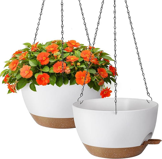 TYMENSH Hanging Plant Pots 12 inch Set of 2, Self Watering Hanging Planters with Drainage Holes, Indoor Outdoor Plastic Flower Pots with Hanging Chains for Balcony, Porch, Garden, Home Décor, White