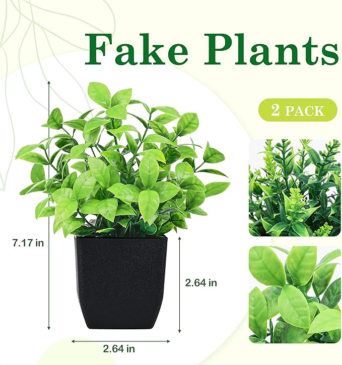 Der Rose 2 Pack Fake Plants Small Faux Artificial Small Potted Plants Indoor Black Bathroom Accessories for Home Office Farmhouse Bathroom Decor