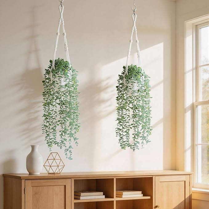 DREAMLOOM Fake Hanging Plants with Pot, Artificial Eucalyptus Hanging Plants with Macrame Hanger for Indoor Decor, Fake Hanging Vines Faux Greenery for Home Kitchen Office