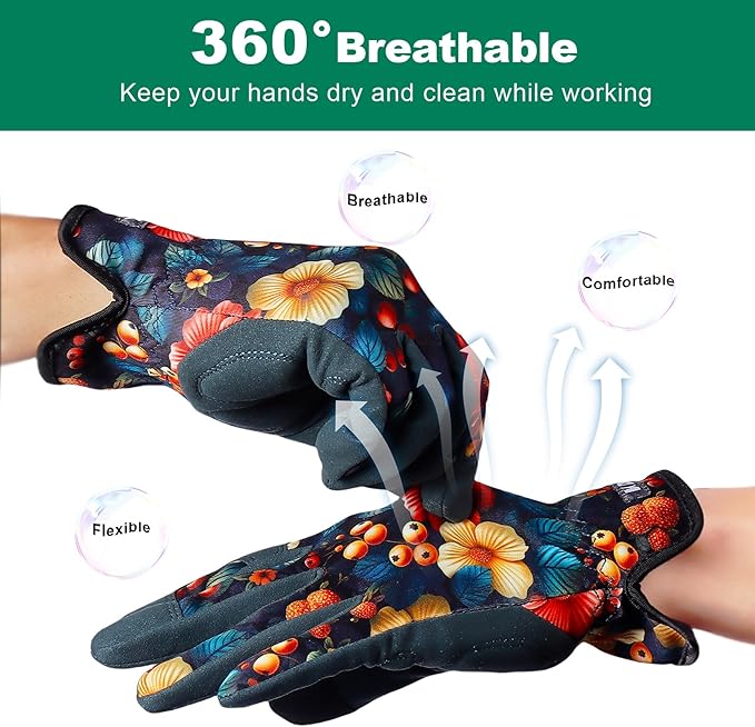 KDK Gardening Gloves for Women, Flexible Breathable Garden Gloves, Leather Working Gloves for Weeding, Digging and Pruning (Flowers and Berries, Small)