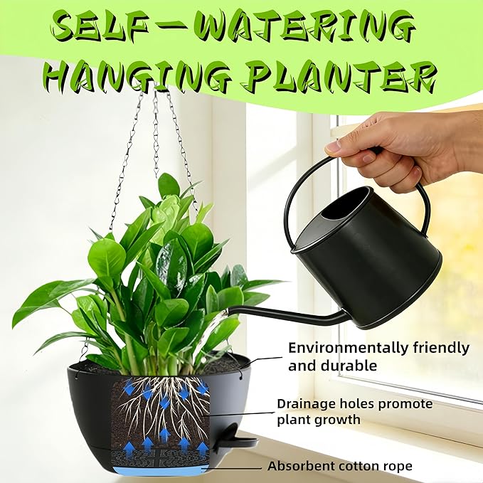 3 Pack Hanging Planters for Indoor Outdoor Plants, 10 Inch Self Watering Hanging Pots for Plants, Plastic Hanging Flower Baskets for Plants Hanger with Drainage and Tray, Chain (Black)
