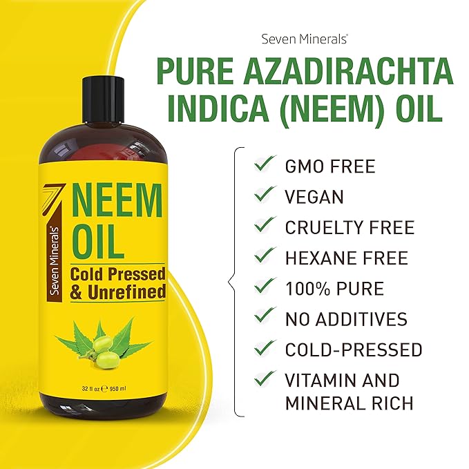 Seven Minerals Pure Cold Pressed Neem Oil - Big 32 fl oz Bottle - Non-GMO, Hexane Free, 100% Pure Neem Oil for Plants Spray, Skincare, & Haircare. Treats Dry Skin, Wrinkles, & Promotes Hair Growth