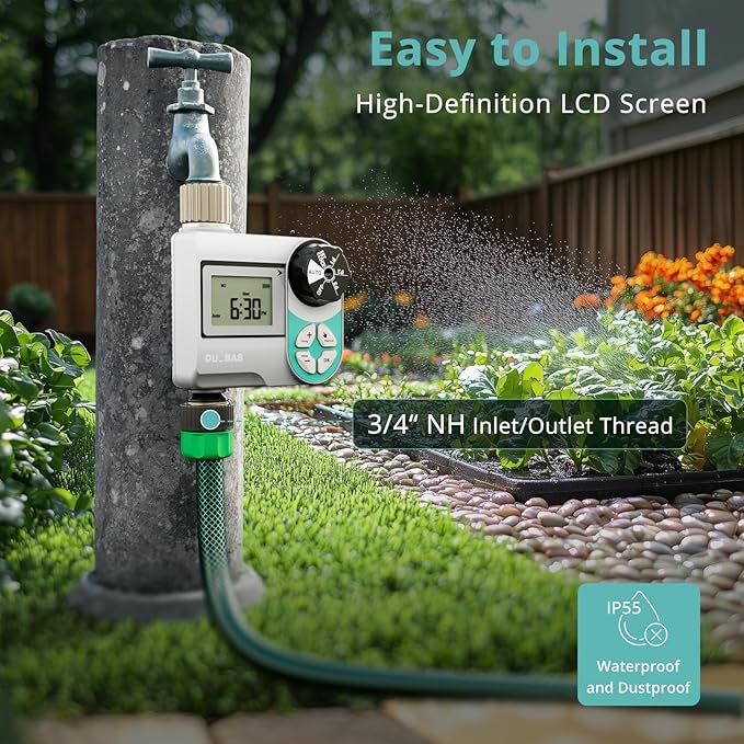 QUOBAS Sprinkler Timer, Weekly Programmable Water Hose Timer for Garden Hose Faucet with Waterproof HD Screen, Rain Delay/Manual/Automatic Irrigation Watering System for Garden, Lawn, Yard