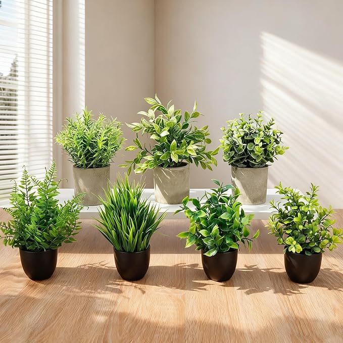AUUGUU Artificial Potted Plants Faux Greenery in Cement Pots for Shelf, Bookshelf, Office or Home Decor, Small Decorative Fake Plants for Modern Indoor Display (7, XXL)
