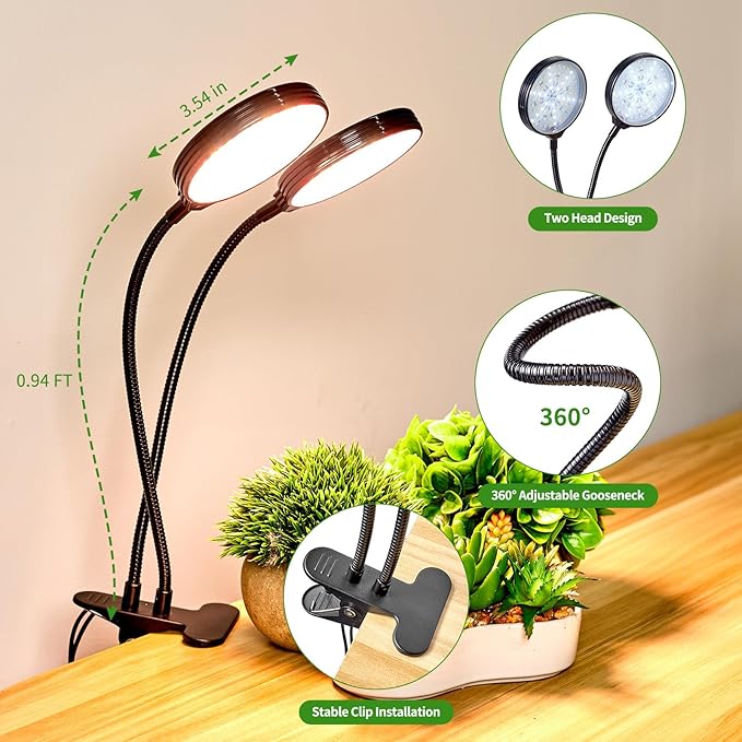 Clip on Grow Lights for Indoor Plants, Full Spectrum Plant Grow Lights, 2 Head Growing Lamp with Timer, 3 Dimmable Brightness Levels, Low Safe Voltage, Perfect for Small Plants