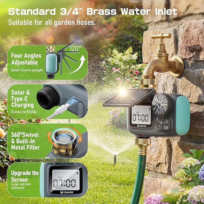 Solar Power Sprinkler Timer with Brass Inlet, CyberOrd Programmable Water Timer for Garden Hose, Hose Timers with Rain Delay/Manual/Automatic Watering System, Digital Irrigation for Yard, Lawn, Garden