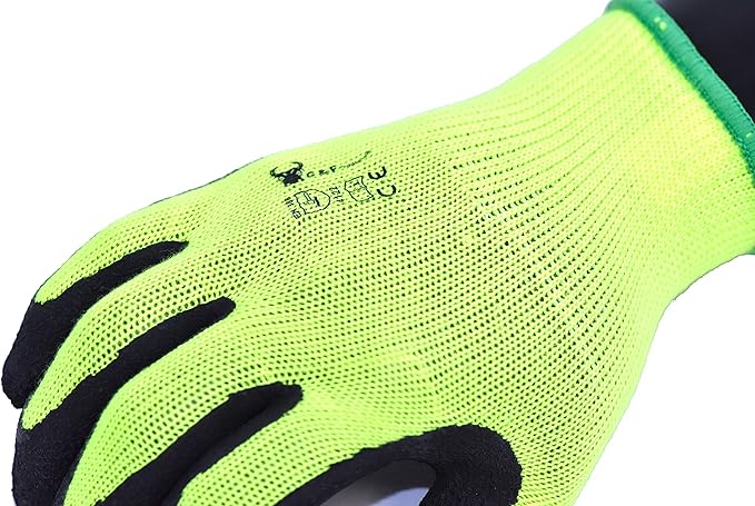 G & F 1516 6 Pairs Pack Premium High Visibility Low emissions Green Work and gardening Gloves for Men and Women. MicroFoam Textured Coated Palm and Fingers Gloves for Gardening Work, Size Small, Green