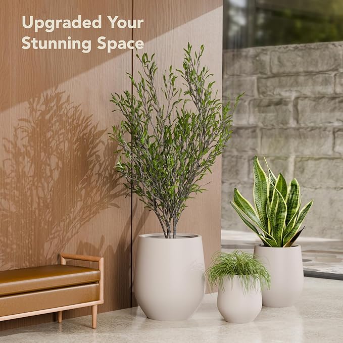 KUTE NEST 21" H x 19" D Premium Corso Fiberstone Round Tapered Planter with Drainage Hole, Weather Resistant for Indoor and Outdoor Use, Included 2 Extra Coco Mats (Taupe, 15" Pot Opening)