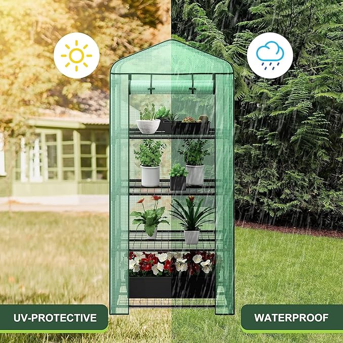 4-Tier Mini Greenhouse Portable Garden Grow Plants Flower Seedings Green House w/PE Cover, Roll-Up Zipper Door and Metal Frame 27.25"(L) X 19"(W) x 63"(H)