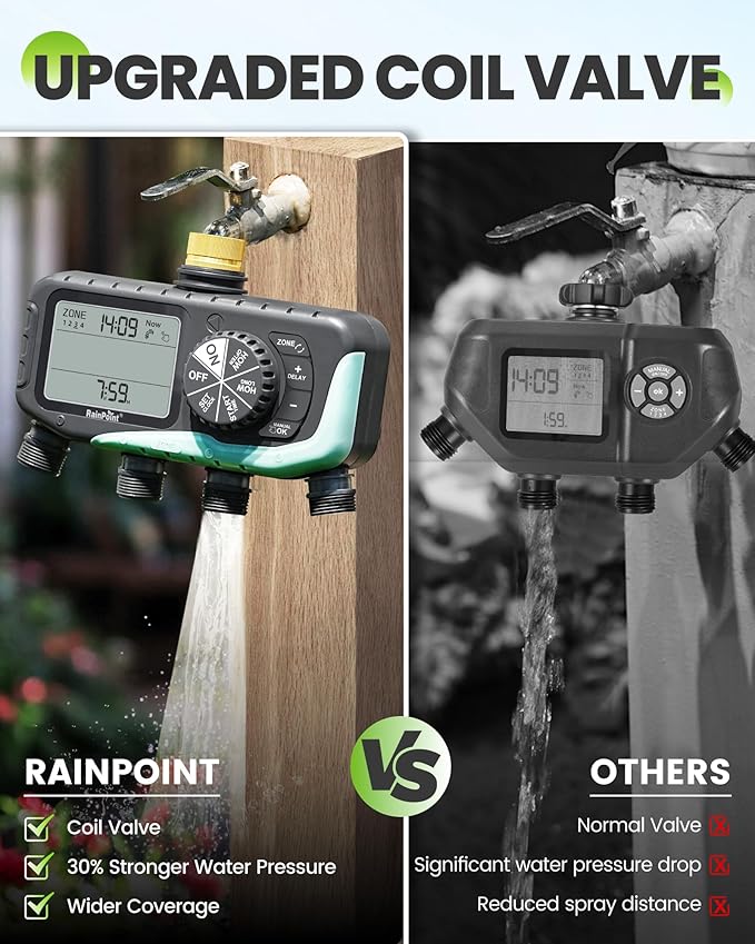 RAINPOINT Sprinkler Timer 4 Zone, Water Timer for Garden Hose, for Soaker Hose with Rain Delay/Manual/Automatic Watering System, Digital Irrigation for Yard, Lawn Brass Inlet