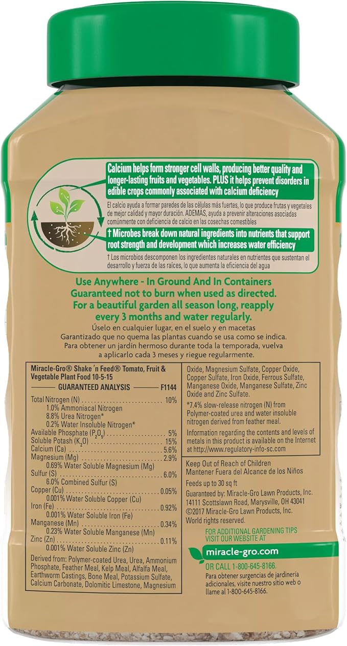 Miracle-Gro Shake 'N Feed Tomato, Fruit and Vegetable Plant Food - Fertilizer for Vegetable Gardens, for In-Ground and Container Plants, Feeds up to 3 Months, 1 lb.