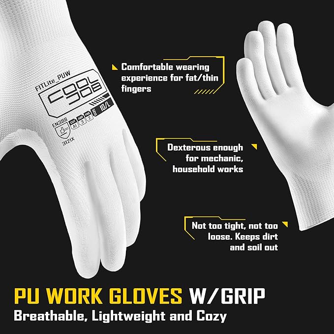 COOLJOB 12/60 Pairs Safety Work Gloves Pack Bulk with Grip PU Coating, 13 Gauge Seamless Knit Gloves with Polyurethane Dipped for Warehouse Working, Breathable Lightweight for Men Women, White Medium