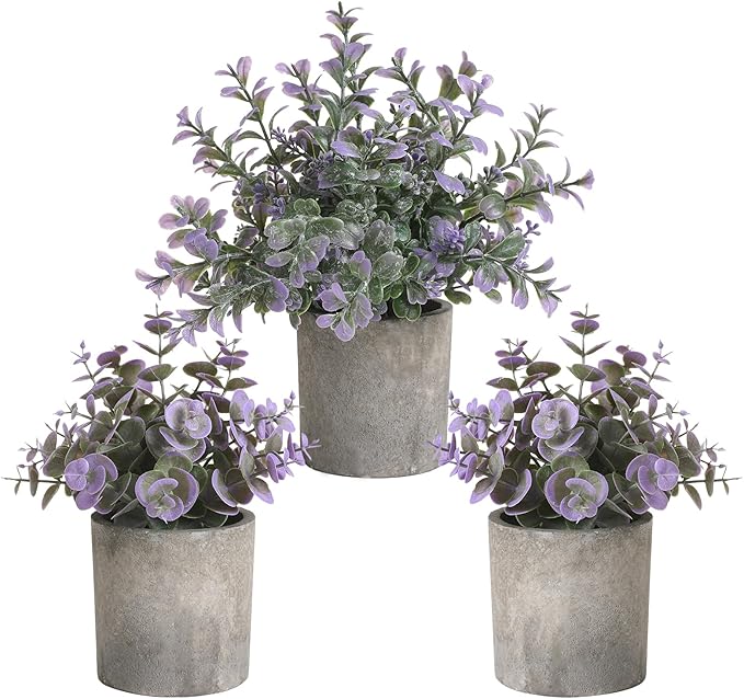 3 Pack Mini Purple Potted Fake Plants Artificial Plastic Indoor Eucalyptus Plants for Home, Office, Desk, Bathroom, Coffee Table & Shelf