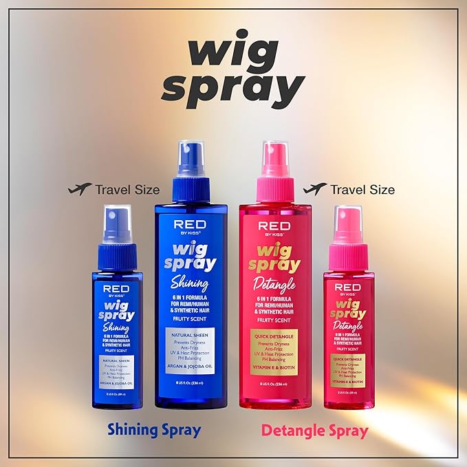 Red by Kiss Wig Spray, Extra Shine & Detangling Control for Remy, Human, Synthetic Hair, UV & Heat Protection, PH Balance & Long-Lasting Fragrance (8oz, Sheen)