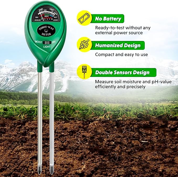 Soil Tester, Soil Test Kit Acidity Water, 3-in-1 Plant Moisture Meter Light/Moisture/PH Tester for Home, Garden, Lawn, Farm, Indoor and Outdoor Use, Promote Plants Healthy Growth