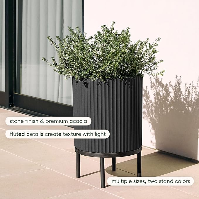 Veradek Demi Series Round Planter w/ Stand for Porch/Patio | Durable Plastic-Concrete & Wooden Stand | Modern Décor for Tall Plants, Flowers