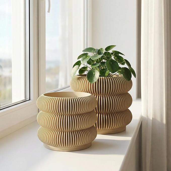 Fabix 4.7/6" 3D Printed Plant Pots - Unique Bubble Ring Modern Planters for Indoor Plants, Durable -Friendly PLA Flower Pots with Drainage for Succulents, Cactus, Home Office Décor. (Wood)