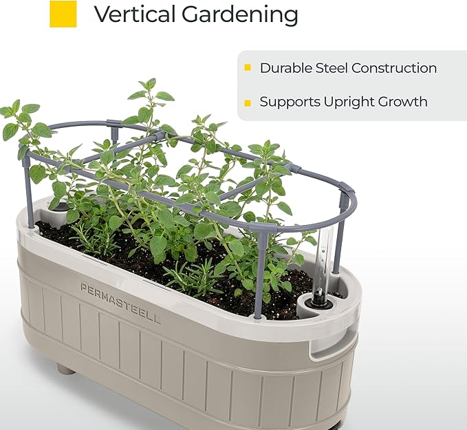 Permasteel Herb Garden Planter with Trellis Support, Self-Watering System with Water Level Indicator, Fits Multiple Herb Plants, for Basil, Flowers, Succulents, Indoor & Outdoor, Taupe