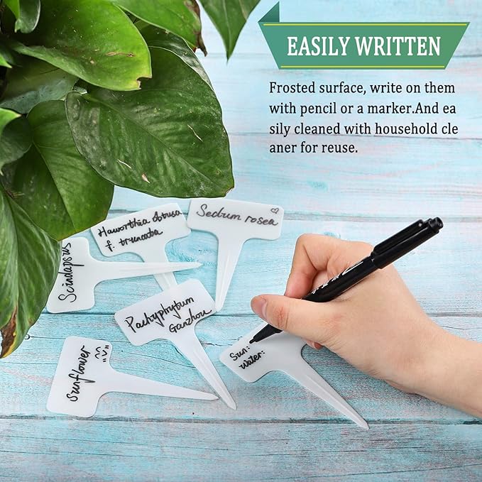 Whaline 100 Pcs Plastic Plant Labels White T-Type Garden Stake Tags Waterproof Plant Markers Reusable Plants Signs for Outdoor Indoor Nursery Potted Plants Seed with A Black Marker Pen (6 x 10 cm)