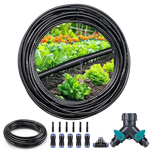 HIRALIY 1/4" Drip Irrigation Tubing Kit, Dripline with 6" Emitter Spacing, Built-in 0.5 GPH Drippers, 6mm 33FT Watering Hose with 2-Way Connector for Garden, Landscape & Greenhouse (Blue, 183FT)