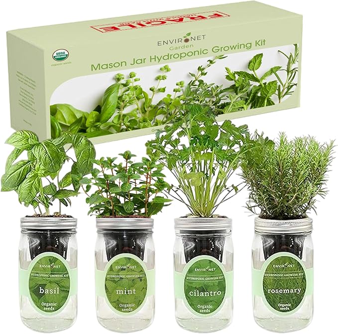 Hydroponic Herb Growing Kit Set, Self-Watering Mason Jar Herb Garden Starter Kit Indoor, Grow 4 Kinds of Herbs from Seeds (Basil, Mint, Cilantro & Rosemary)