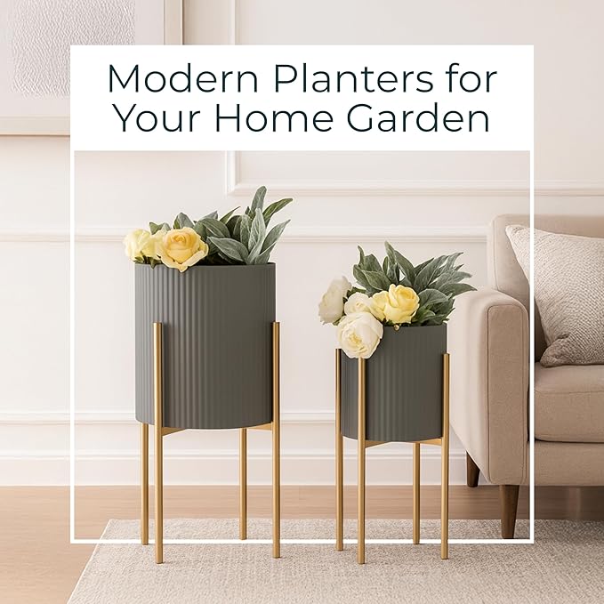 Decorative Flower Pots with Metal Stand for Home Decor - Modern Planters for Hallway, Entryway, and Living Room Decor - Indoor and Outdoor Pots for Plants - Set of 2, 23", 19", Gray & Gold