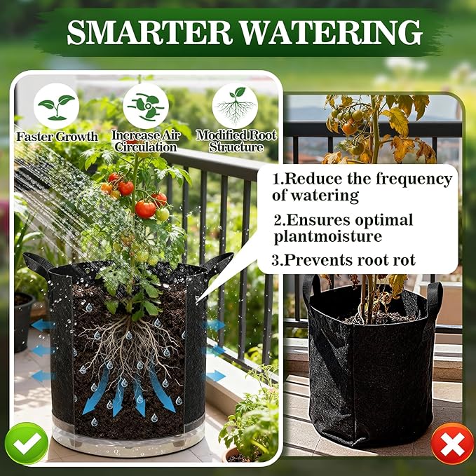 5 Pack 7 Gallon Self-Watering Grow Bags, Thick Nonwoven Fabric Pots with Support Rings and Reinforced Handles, Self-Watering Planter with Bottom Reservoir for Tomatoes Peppers Potatoes and Vegetables