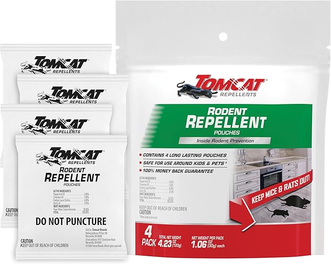 Tomcat Repellents Rodent Repellent Pouches, Ready-to-Use, Inside Rodent Prevention with Essential Oils, 4.23 oz., 4-Pack