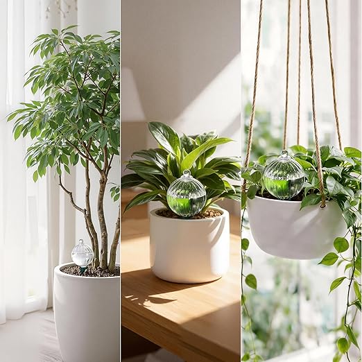 Soilagua 12 oz Plant Watering Globes Top Fill, Clear Glass Water Bulbs with Terracotta Spikes Stake, Vacation Slow Release Self Watering Planter Insert, Automatic Drip Device, 2 Pack