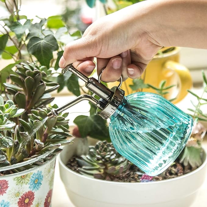 Topadorn Blue Glass Plant Mister Spray Bottle - Mini Vintage Watering Can with Pump for Indoor Plants & Succulents