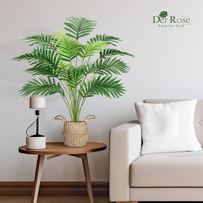 Der Rose 2Pcs Fake Palm Tree 28Inch Large Fake Potted Faux Areca Palm Plant with Hand-Woven Baskets with Handles for Indoor Outdoor Home Office Porch Balcony Bedroom Decor