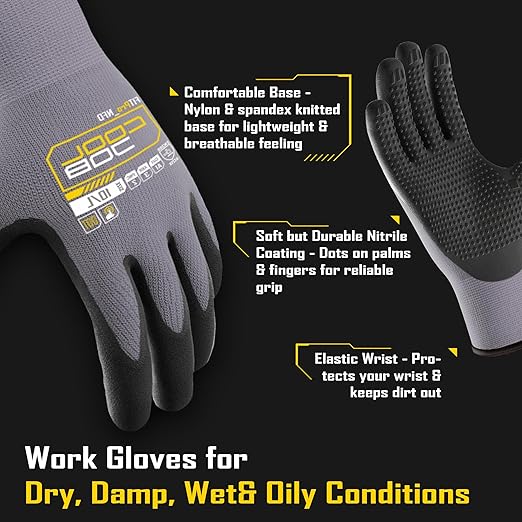 COOLJOB 6 Pairs Nitrile Rubber Coated Nylon Safety Work Gloves Pack Bulk, Dotted for Non-Slip Grip, Breathable Soft Seamless Knit Nitrile Dipped Gloves for Warehouse, Home Improvement, Yard, Large