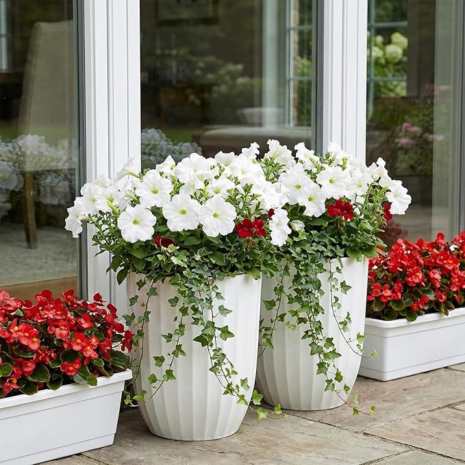 Briwooody 2 Pcs Tall Planter 15" Large Round Plastic Plant Pots with Drainage Hole and Tray White Modern Planter for Indoor Outdoor Plants Home Office Kitchen Bedroom Living Room Porch Patio Decor
