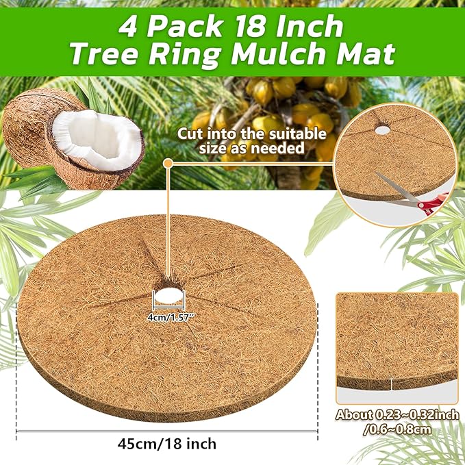 Legigo 4pcs Coconut Fiber Mulch Ring Tree Plant Protector Mat, 18 Inch Natural Coco Coir Tree Mulch Ring Plant Pot Soil Cover, Tree Rings Disc Plant Cover for Indoor Outdoor Plants, Landscaping