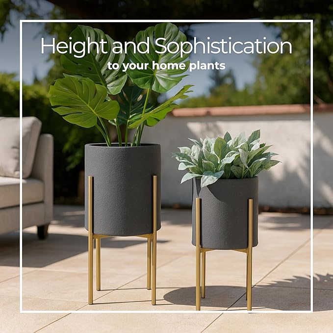 Decorative Flower Pots with Metal Stand for Home Decor - Modern Planters for Hallway, Entryway, and Living Room Decor - Indoor and Outdoor Pots for Plants - Set of 2, 23", 19", Gray & Gold